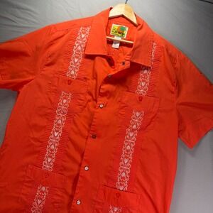 Haband Guayabera Shirt Mens Large Orange Cuban Wedding Snap Button Lightweight
